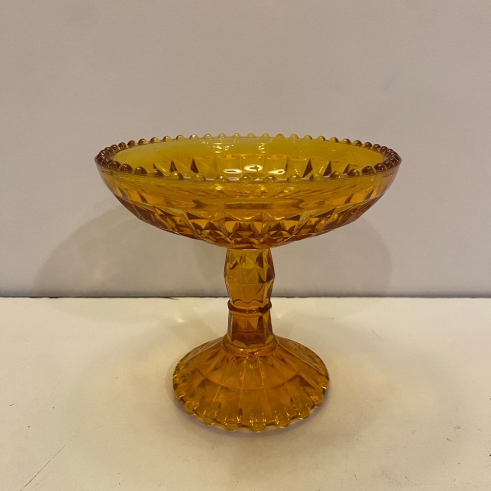 Vintage Amber Pedestal Compote Jeanette Glass Candy Dish 6”